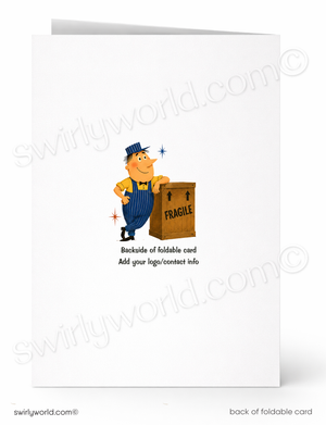 A white foldable greeting card shown front and back. The front has a small cartoon delivery boy standing next to a brown 'FRAGILE' box, with placeholder text below.