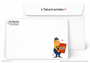 A white printed envelope set shown on a white background, with the front of one envelope featuring a cartoon delivery boy holding an EXPRESS box and the back showing placeholder text for a name and address. The flap of another envelope reads 'Thank you for your business' with star icons.