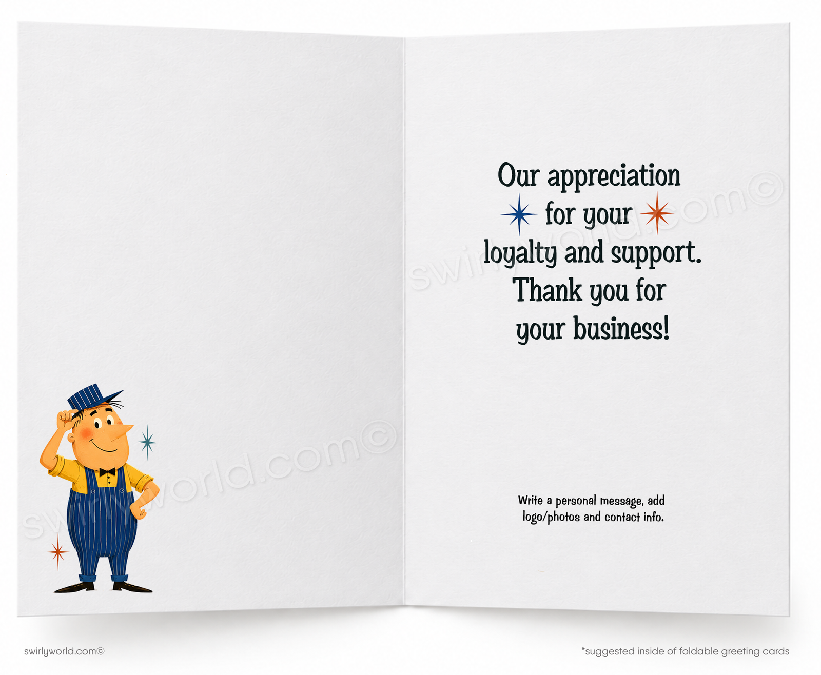 A folded greeting card shown upright on a white background. The card features a cartoon illustration of a smiling delivery worker in blue overalls holding a red express box, with large text reading 'I'd Like To' and a shipping warehouse scene in the background.