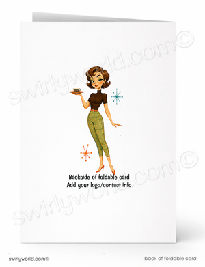 A folded greeting card shown front and back on a white background. The front features a retro-style illustration of a woman in a brown top and olive green pants holding a cup, with small starburst accents.
