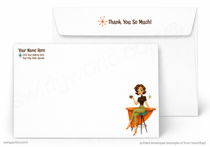 A printed stationery set showing a white envelope behind a matching white card or envelope front. The front has placeholder text and a small retro-style illustration of a woman sitting at a table, while the back envelope reads 'Thank You So Much!' with a small starburst icon.