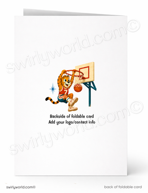 A folded greeting card shown front and back on a white background. The front features a cartoon tiger dunking a basketball, and the back has placeholder text reading 'Backside of foldable card' and 'Add your logo/contact info'.
