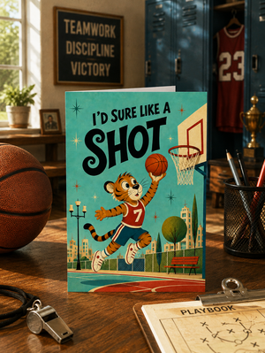 A basketball-themed greeting card featuring a cartoon tiger player in a teal court setting with the text 'I'D SURE LIKE A SHOT', displayed on a wooden desk in a school or gym room environment.
