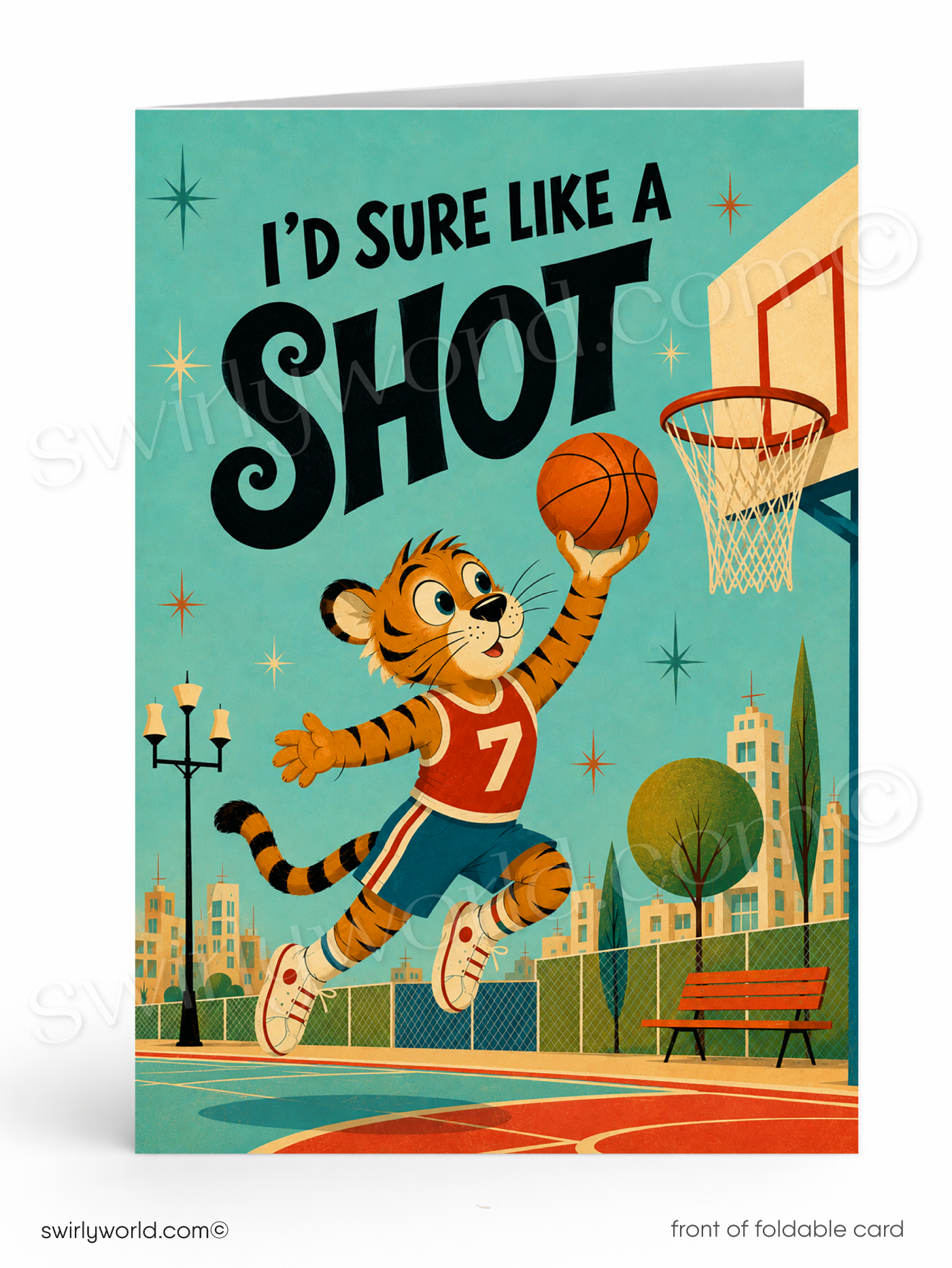 A folded greeting card shown upright on a white background. The front features a retro-style illustration of a tiger in a basketball uniform jumping toward a hoop, with the text “I’D SURE LIKE A SHOT” across the top.