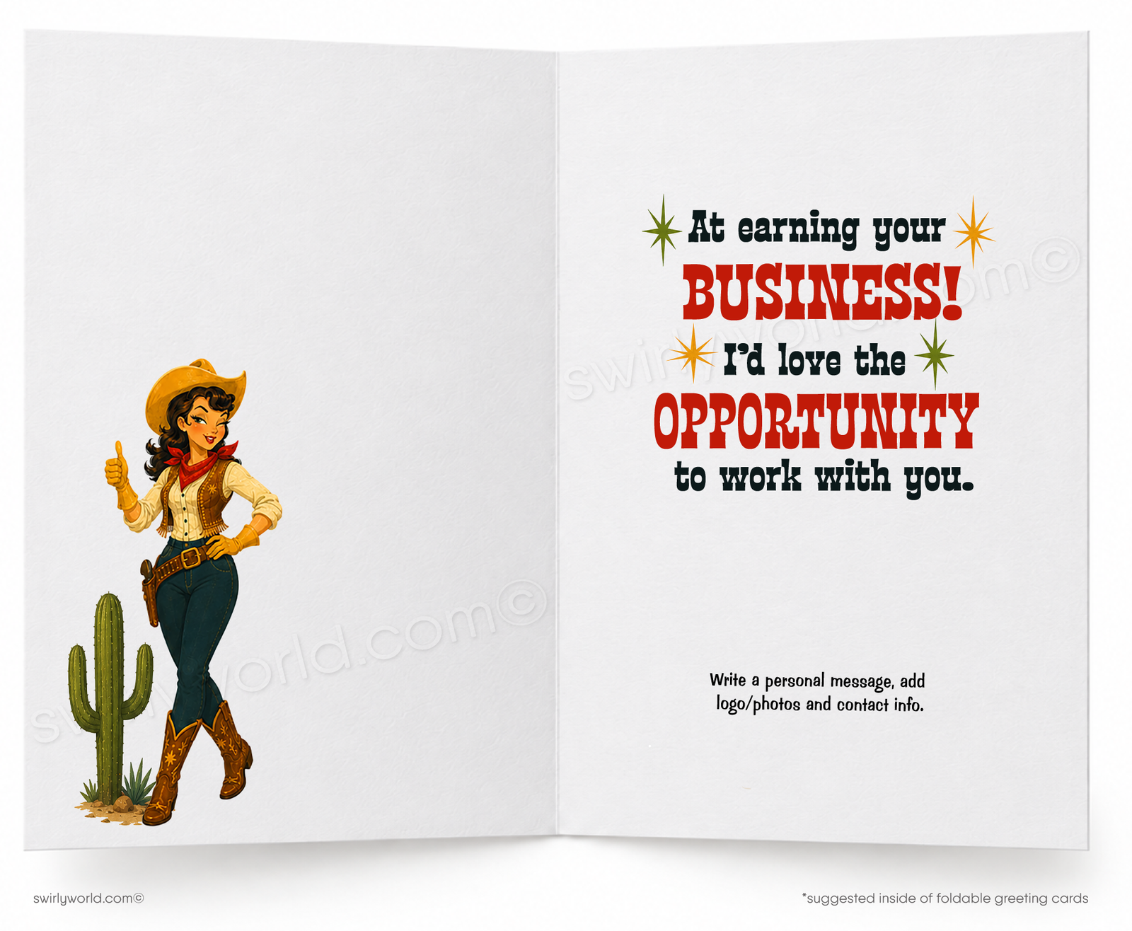 A folded greeting card shown upright on a white background. The card features a retro western illustration with the text 'I’d Sure Like a SHOT' above a woman in a cowboy hat and boots standing in front of a general store and cactus.