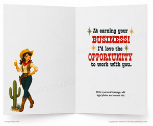 An open greeting card shown front and back. The left side features a cartoon cowboy woman in a yellow hat and boots beside a cactus.