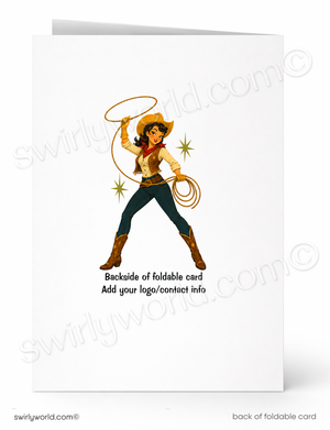 A folded white card shown front and back on a white background. The front features a cartoon cowboy woman with a lasso, and the back has placeholder text reading 'Backside of foldable card' and 'Add your logo/contest info'.