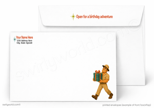 A printed birthday adventure envelope set shown on a white background, with one envelope behind another. The front envelope has the words 'Open for a birthday adventure' in orange, and the back envelope shows a sample address area with placeholder text.