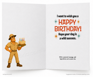 An open greeting card with a white background, featuring a cartoon safari explorer holding a birthday cake on the left page and a 'HAPPY BIRTHDAY!' message on the right page.