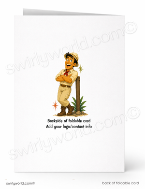 A white foldable greeting card shown front and back on a light gray background. The front features a cartoon safari guide leaning on a post with the text 'Backside of foldable card Add your logo/contact info.