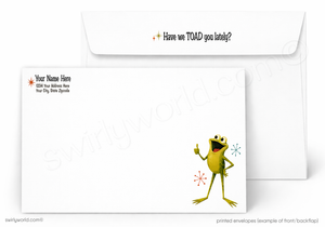 A printed envelope set shown on a white background, with the front of one envelope overlapping the back of another. The front envelope has a cartoon frog character on the lower right, placeholder text for name and address in the upper left, and small decorative starburst graphics.