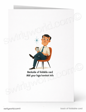 A folded greeting card shown front and back on a white background. The front features a cartoon man sitting in an orange chair with a coffee mug and a small starburst, with text below reading 'Backside of foldable card Add your logo/contest info'.