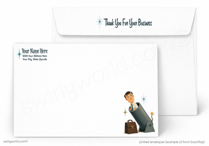 A white stationery set showing the front and back of a printed envelope. The back has placeholder text for name and address, and the front features a small illustration of a businessman wrapped in a suitcase with sparkles.