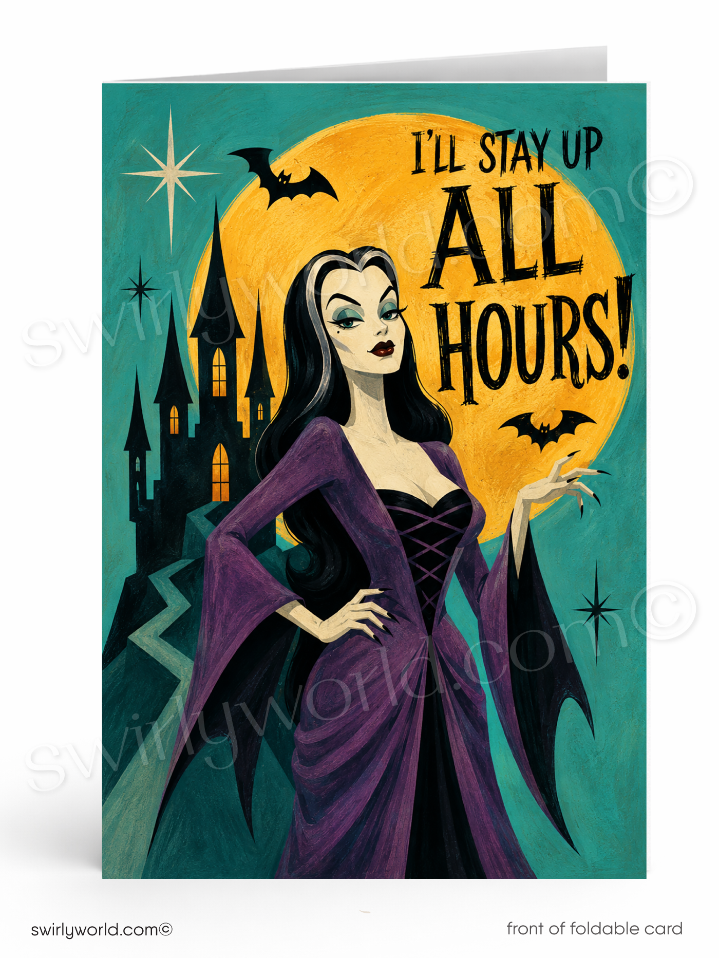 I’ll Stay Up All Hours Lady Vampire Retro Halloween Card