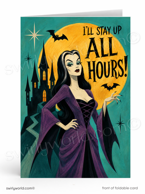 I’ll Stay Up All Hours Lady Vampire Retro Halloween Card