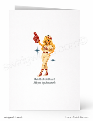 Backside of a foldable card with a vintage-style cheerleader illustration on a white background.