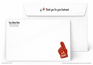 Envelopes with a foam finger design and 'Thank you for your business!' text on a white background