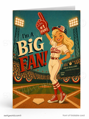 Baseball-themed greeting card with a female player holding a '# Fan!' glove, set against a stadium background.