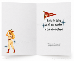 Open card with a vintage-style illustration of a female baseball player and motivational text.