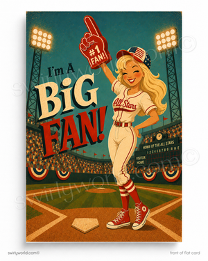 Vintage-style poster of a female baseball fan holding a '#1 Fan!' foam finger with stadium in the background.