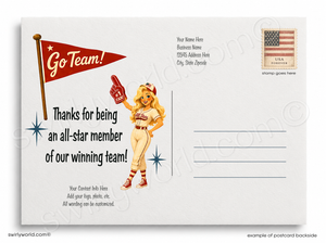 Vintage-style postcard with a mascot holding a 'Go Team!' flag and an American flag, featuring text and space for personalization.