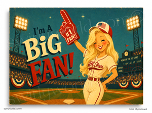 Vintage-style poster of a female baseball player holding a foam finger with 'I'm a Big Fan!' text on a baseball field background.