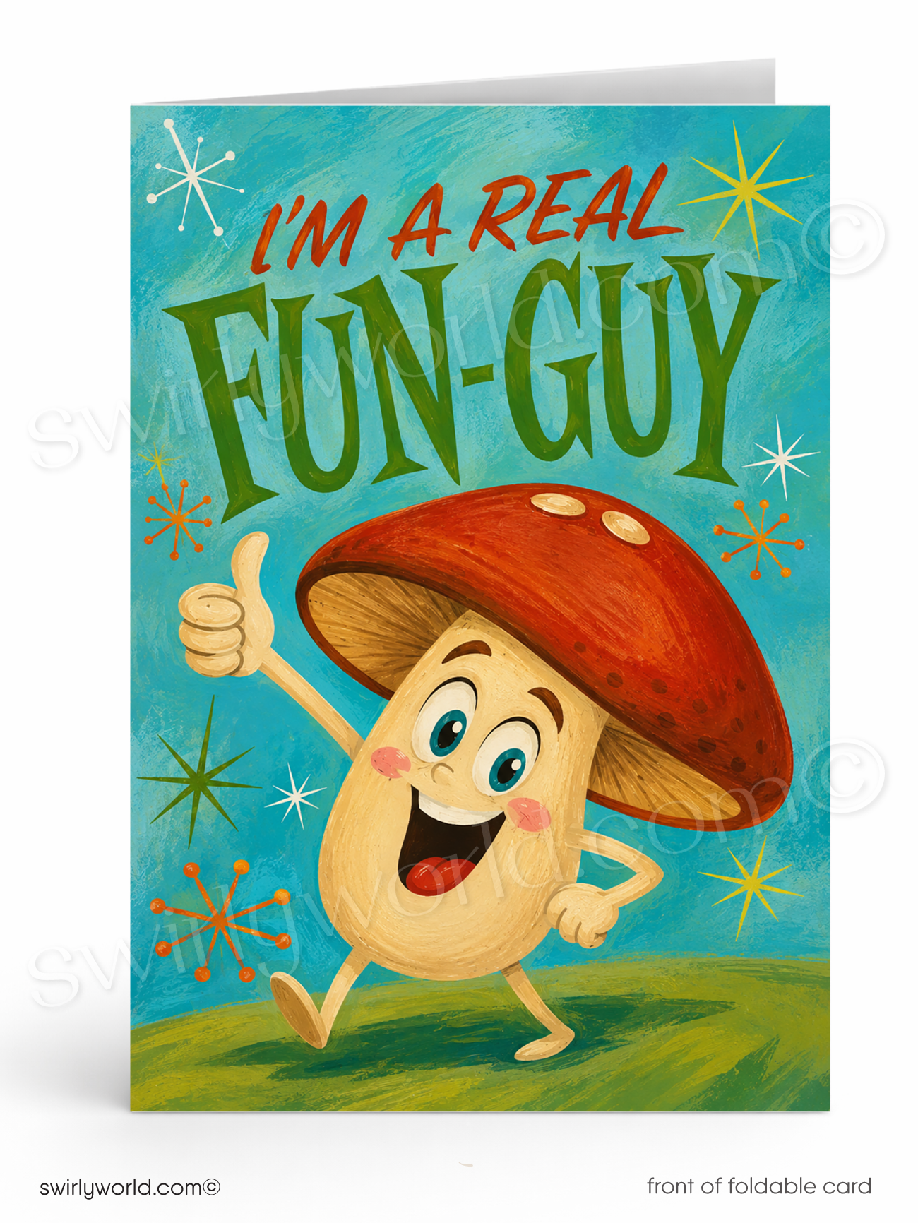 A folded greeting card shown front-on against a white background. The card features a colorful cartoon mushroom character with a red cap, blue eyes, and a smiling face, giving a thumbs-up.