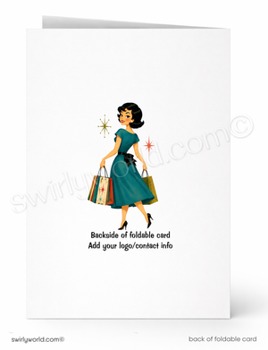 A white foldable card shown front and back. The front features a retro-style illustration of a woman in a teal dress carrying shopping bags, with placeholder text below.