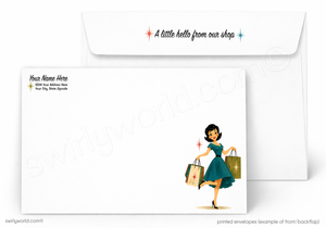 A printed stationery set showing a white envelope with a smiling woman carrying shopping bags and a second white envelope with placeholder text, on a white background.
