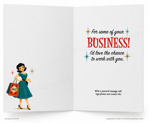 An open greeting card shown front and back on a white background. The left panel features a retro-style illustration of a woman in a teal dress holding a red and orange shopping bag with the word 'SALE'.