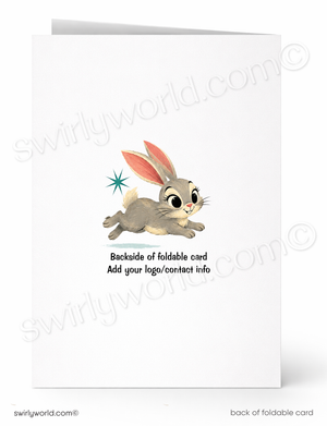 A folded greeting card shown front and back on a white background. The front features a cartoon gray rabbit with pink ears and a small blue star, with placeholder text reading 'Backside of foldable card' and 'Add your logo/contact info'.