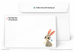 A printed envelope set shown on a white background, with the front envelope displaying a cute cartoon bunny illustration and sample address text, and the back envelope showing sample recipient text.