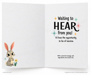 An open folding greeting card shown front and back. The left panel features a cute cartoon bunny sitting beside small flowers.