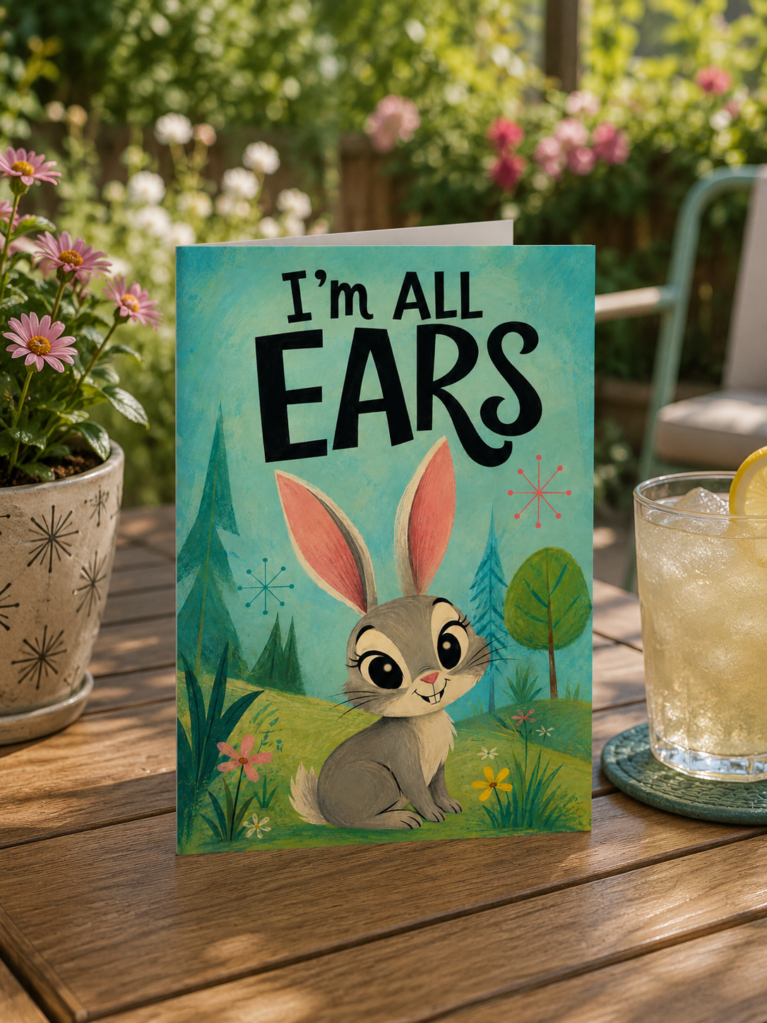 A folded greeting card shown front-facing on a white background. The card features the phrase “I’m ALL EARS” in large black lettering above an illustrated gray rabbit with pink inner ears, sitting in a grassy field with trees and small flowers.