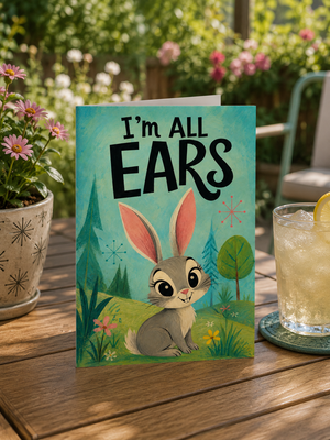 A greeting card with a cartoon bunny and the text 'I'm ALL EARS' stands on a wooden table outdoors, with flowers on the left and a drink on the right.