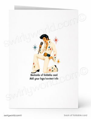 A white foldable greeting card shown front and back. The front features a retro illustration of Elvis Presley in a white jumpsuit with star accents, and the back text reads 'Backside of foldable card Add your logo/contact info'.