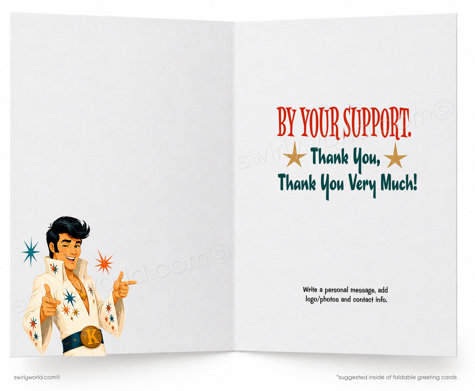 A folded greeting card featuring a retro-style illustration of Elvis Presley singing at The Flamingo in Las Vegas, with the text 'I'M ALL SHOOK UP.