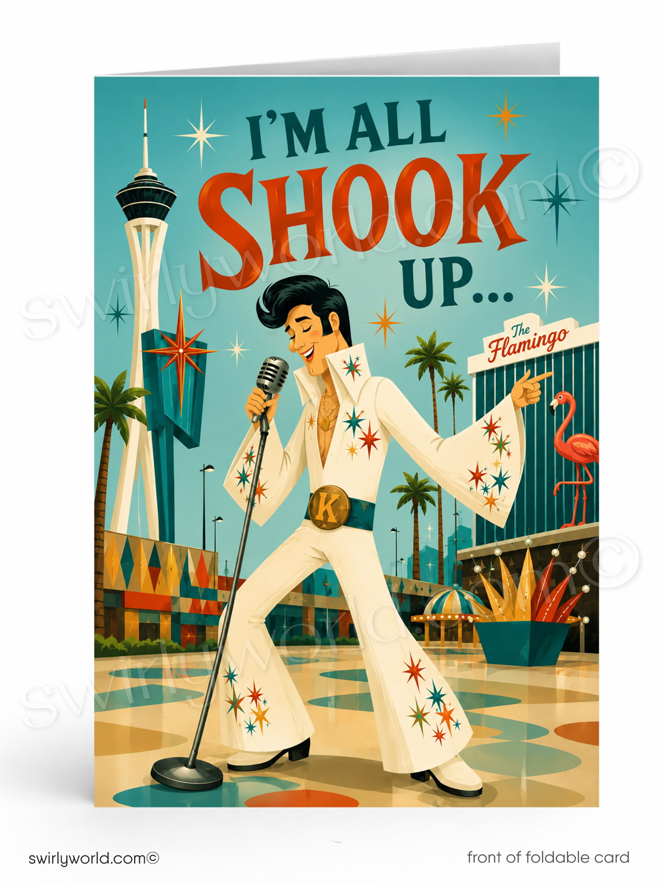 A folded greeting card featuring a retro-style illustration of Elvis Presley singing at The Flamingo in Las Vegas, with the text 'I'M ALL SHOOK UP.