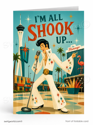 A folded greeting card featuring a retro-style illustration of Elvis Presley singing at The Flamingo in Las Vegas, with the text 'I'M ALL SHOOK UP.