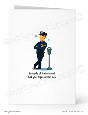 A folded greeting card shown front and back on a white background. The front features a cartoon police officer standing beside a parking meter, and the back shows placeholder text reading 'Backside of foldable card' and 'Add your logo/contact info'.