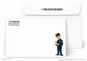 A set of printed envelopes shown on a white background, with one envelope in front and one behind. The front envelope has a cartoon police officer illustration and placeholder text on the left, while the back envelope shows a red thank-you message at the top.
