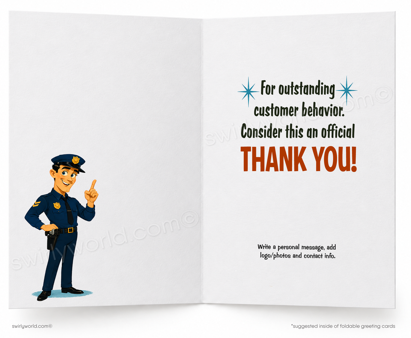 A folded greeting card shown front-facing on a white background. The card features a retro-style illustration of a police officer writing in a notebook, with the text 'I'M GOING TO HAVE TO WRITE YOU UP' in black and red lettering.