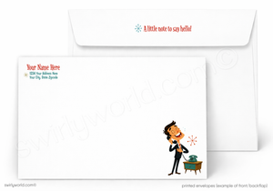 A printed white envelope set shown on a light gray background. The front envelope has a small red and blue decorative note and the word 'hello!' near the top, and the back envelope has placeholder text reading 'Your Name Here' with additional small text below.