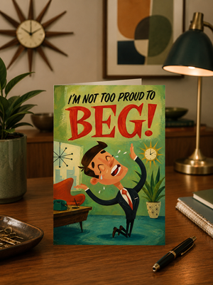 A greeting card featuring a retro-style cartoon illustration of a man in a suit with the text 'I'M NOT TOO PROUD TO BEG!' on a green background, displayed on a wooden desk in a cozy, mid-century modern room setting.