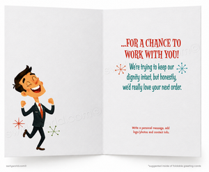 An open greeting card with a white background, featuring a cartoon businessman running excitedly on the left and red and teal text on the right that reads, '.