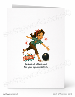 Vintage-style greeting card with a girl bowling and 'Strike!' text on a white background.