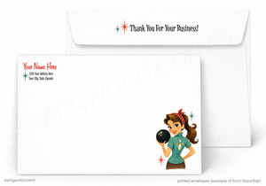 Envelopes with a retro-style illustration of a woman holding a bowling ball and text 'Thank You For Your Business!' on a white background.