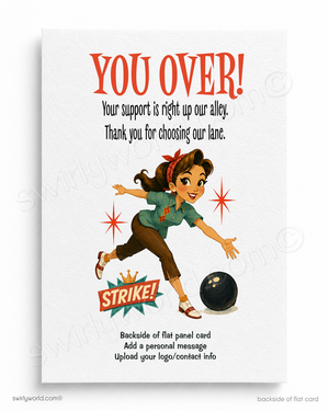 Vintage-style card with a girl bowling and text 'YOU OVER!' on a white background