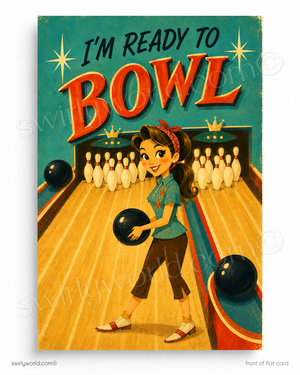 Vintage-style poster with a woman ready to bowl, featuring text 'I'm Ready to Bowl'.