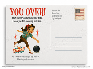 Vintage-style postcard with a woman bowling and text 'YOU OVER! Your support is right up our alley. Thank you for choosing our lane.
